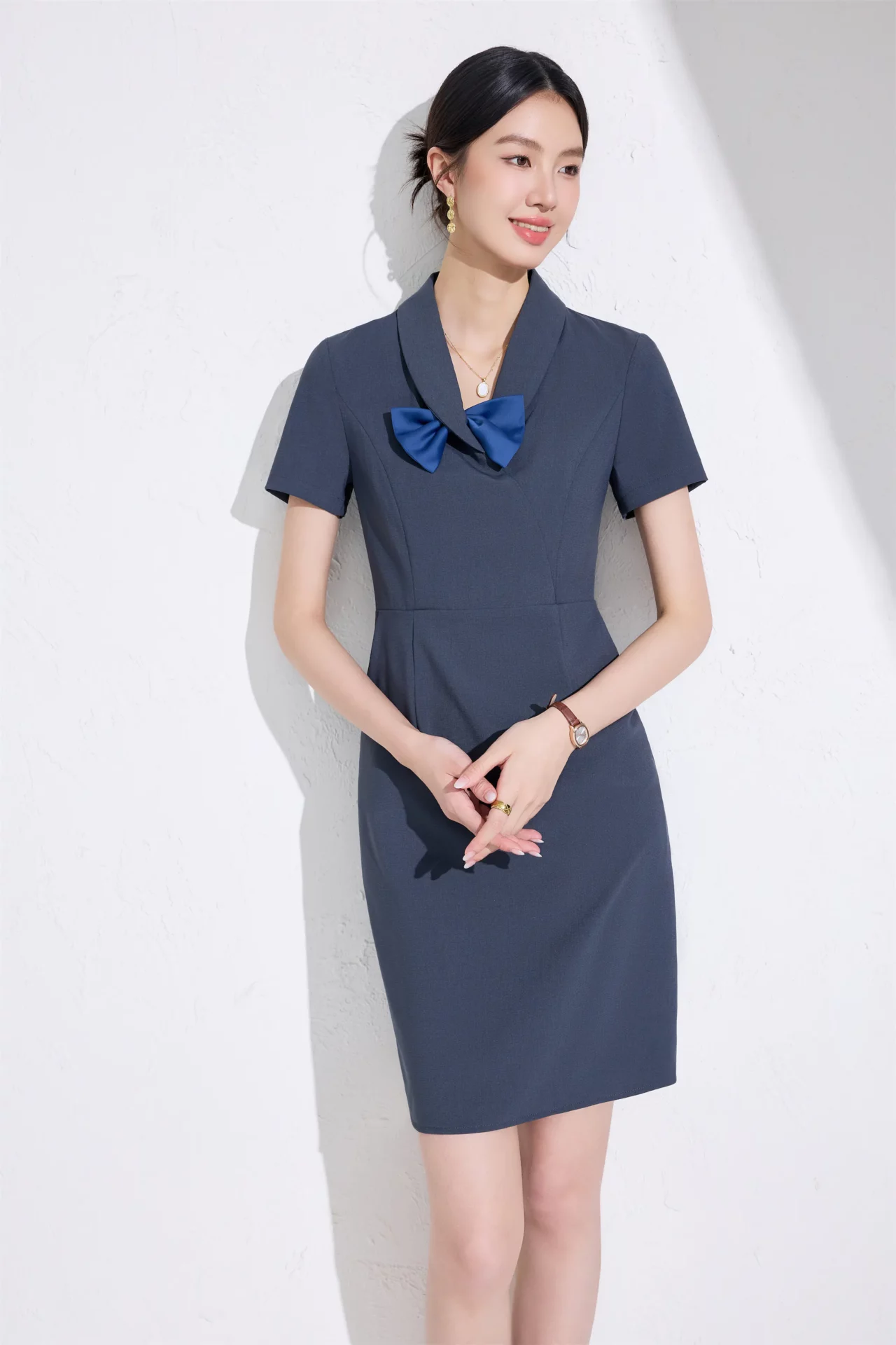 PN5067-9 เดรสทำงานผู้หญิงสีเทาแต่งปกมาพร้อมโบว์แขนสั้น